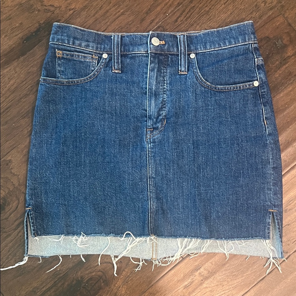 Madewell Dark Blue Hi Low Raw Hem Denim Mini Skirt 28